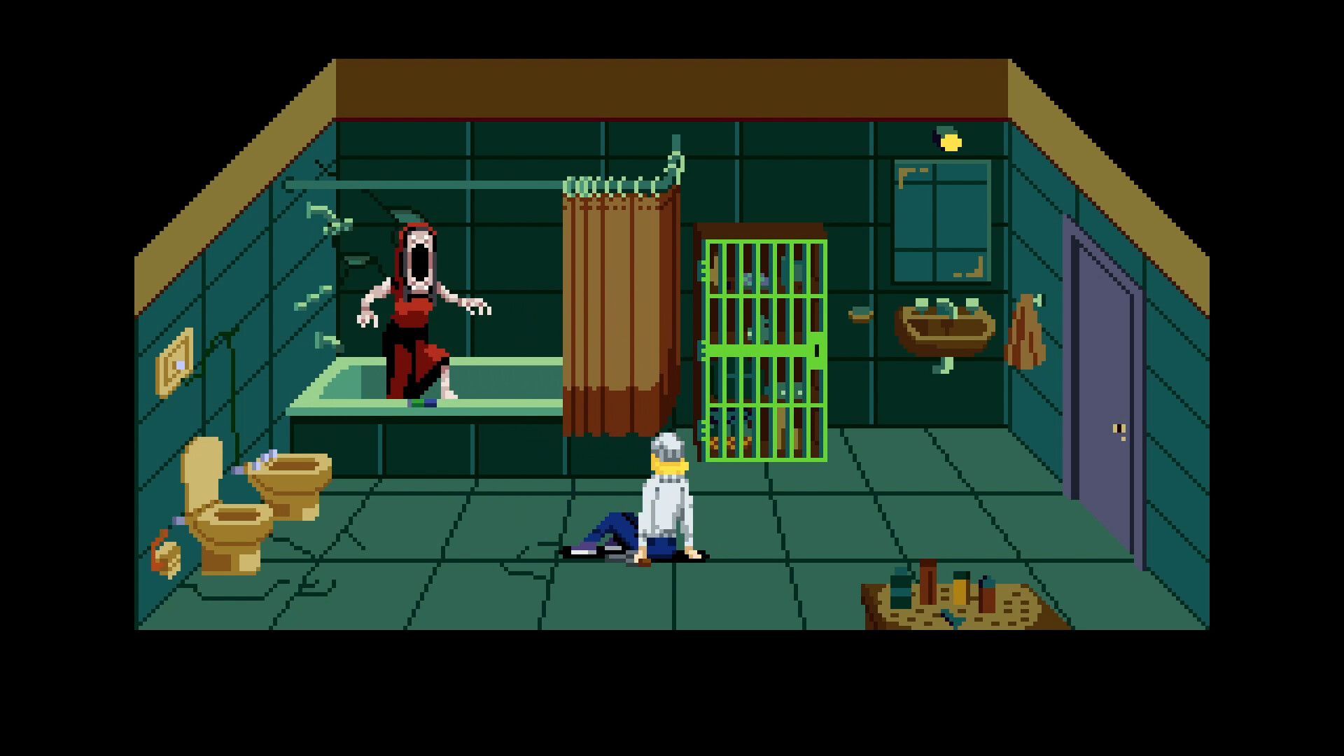 Tenebris Somnia pixel-art bathroom scene with the protagonist and a shadow figure.