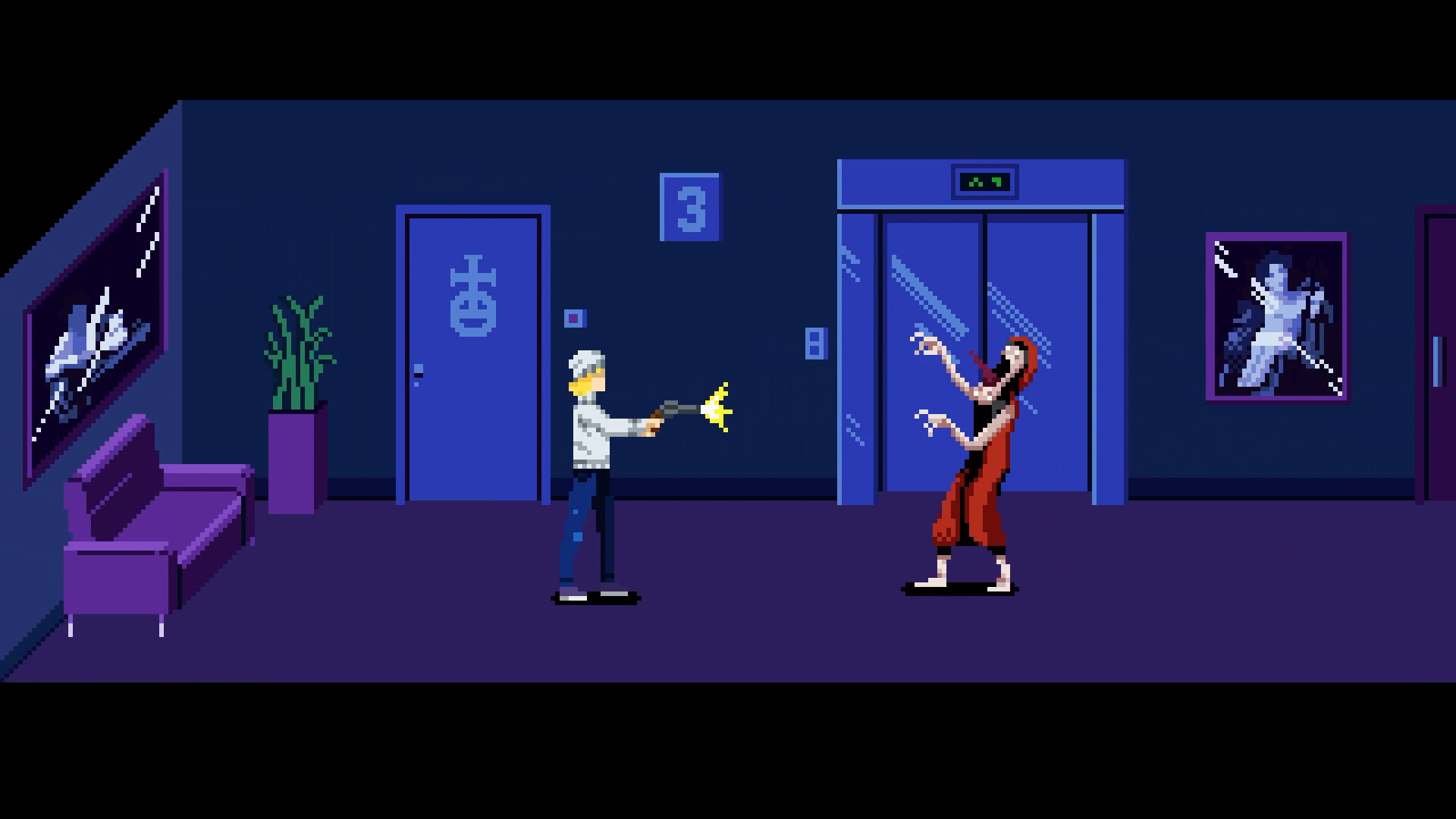 Tenebris Somnia pixel-art combat scene with the protagonist and a red-cloaked enemy inside the film school.